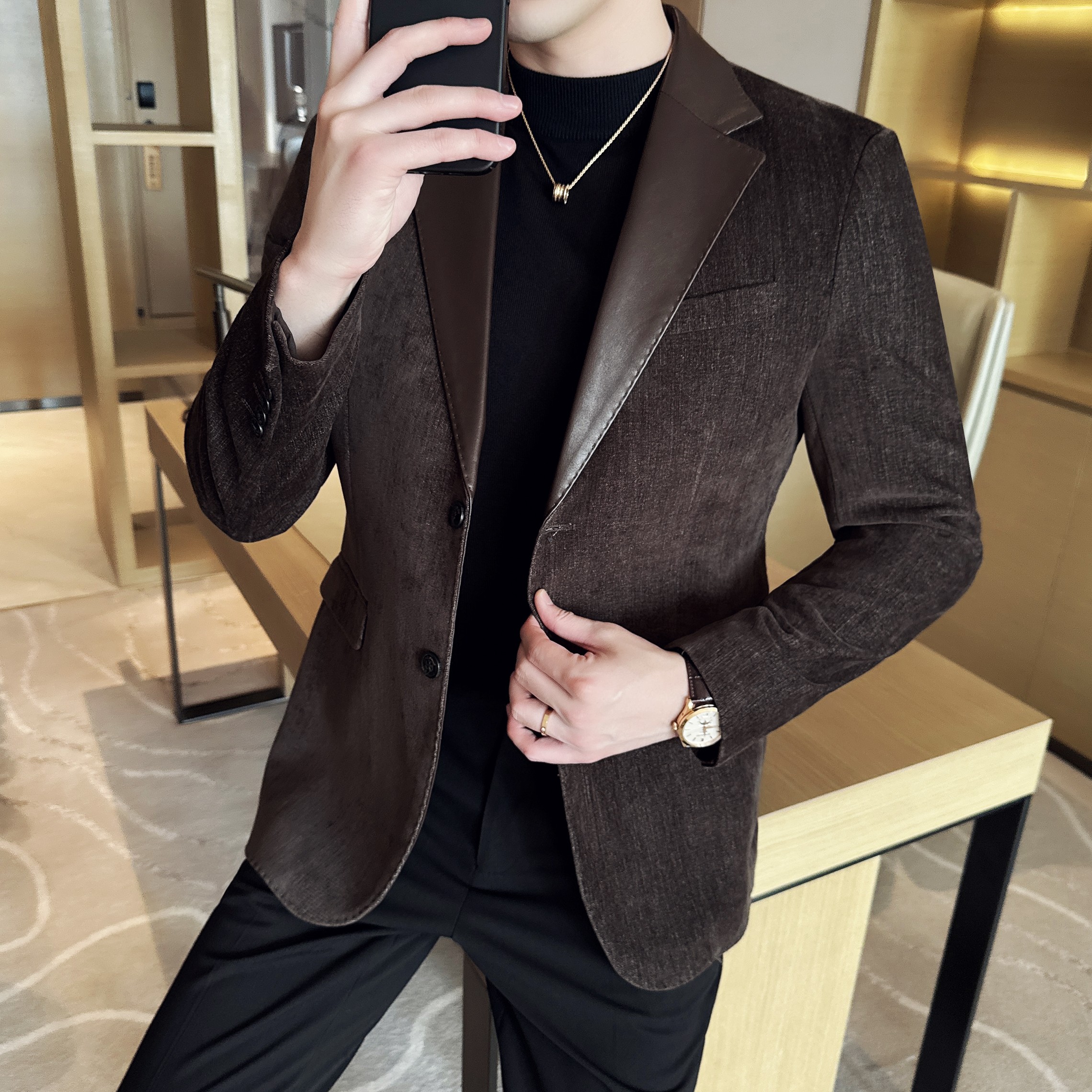 莱赛尔拼皮男士韩版修身西服时尚休闲西装外套DX57-P148,男装西服套装,星座1606-1