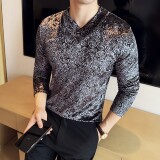 DS042-P50金丝绒玫瑰印花V领男士长袖T恤修身立体打底衫，男装T恤，星座1606-1