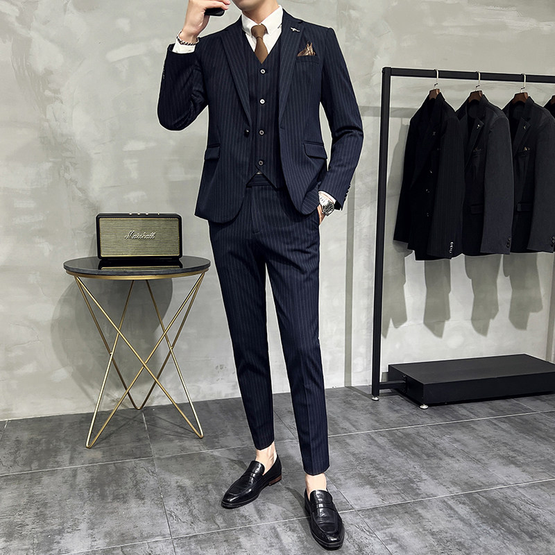 韩版修身商务西服条纹西装三件套1819-P265,男装西服套装,星座1606-1