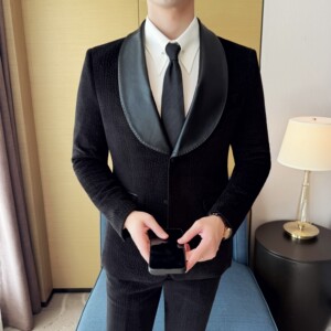 男士青果领拼皮西装时尚休闲西服套装2516-P220