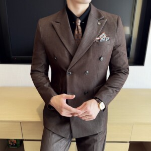 男士双排扣商务休闲西装韩版修身纯色暗纹西服三件套2513-P280图片