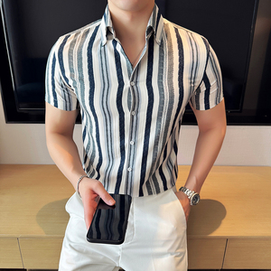 夏季新款韩版修身时尚彩色条纹衬衫短袖上衣男2812-P58图片