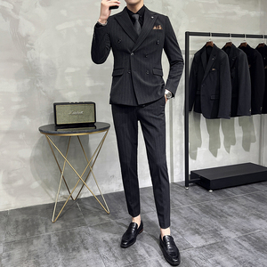 韩版修身商务西服条纹双排扣西装三件套1821-P280图片