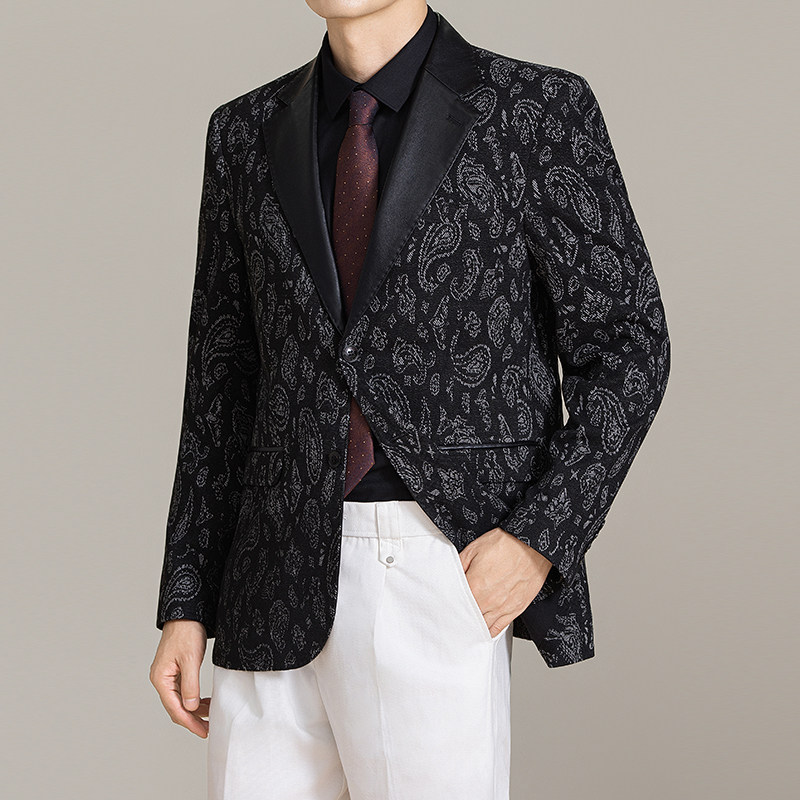 男士韩版修身西服时尚休闲提花拼皮西装外套DX70-P148图片