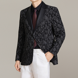 男士韩版修身西服时尚休闲提花拼皮西装外套DX70-P148图片