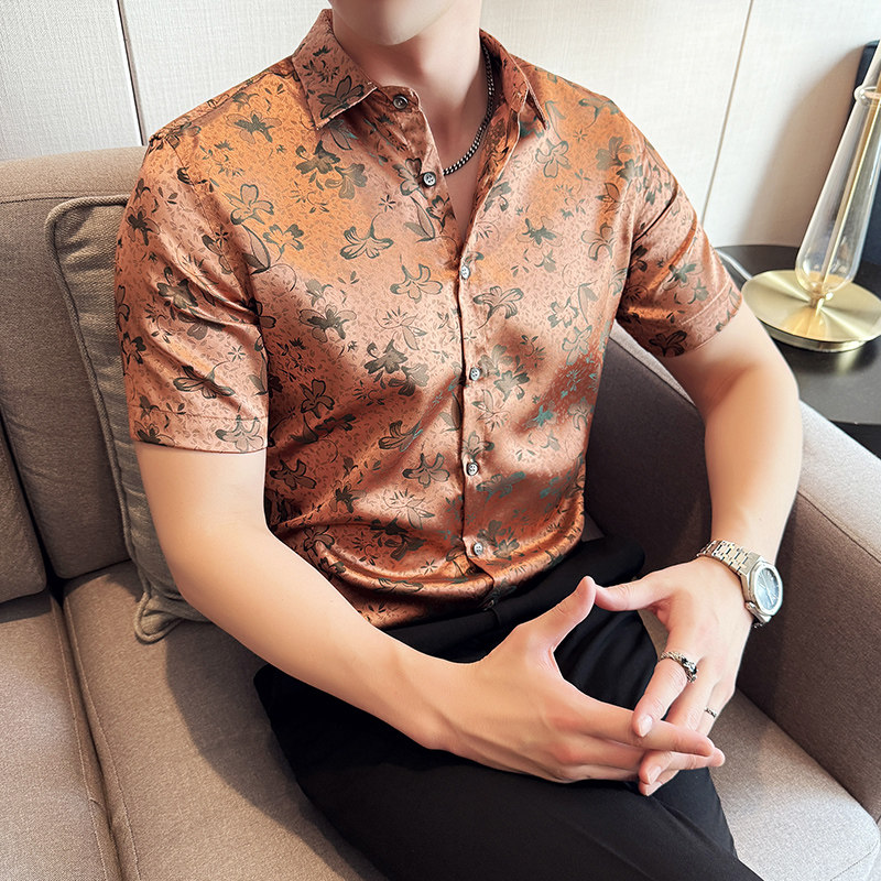 夏季提花短袖衬衣冰丝时尚休闲免熨衬衣男CS038-P58，男装T恤，星座1606-1