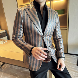 韩版修身西服麂皮绒烫金条纹西装外套DX18-P168，男装西服套装，星座1606-1