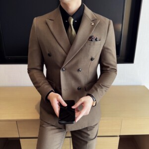 男士商务休闲西装华夫格韩版修身双排扣西服三件套2522-P285图片