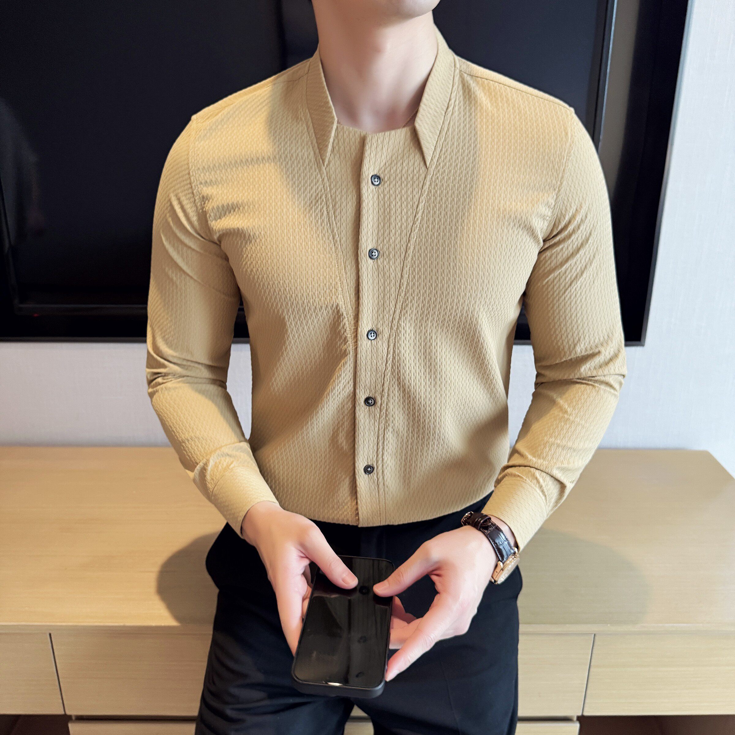 男士立领格纹长袖衬衫商务休闲时尚免熨衬衣男CS047-P63图片