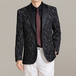 男士韩版修身西服时尚休闲提花拼皮西装外套DX70-P148