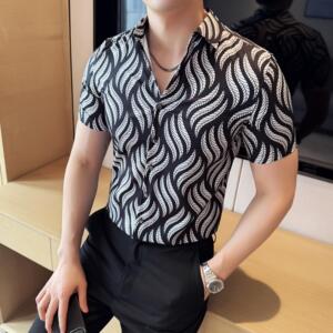 夏季印花短袖衬衫冰丝时尚休闲免熨衬衣男CS025-P58图片