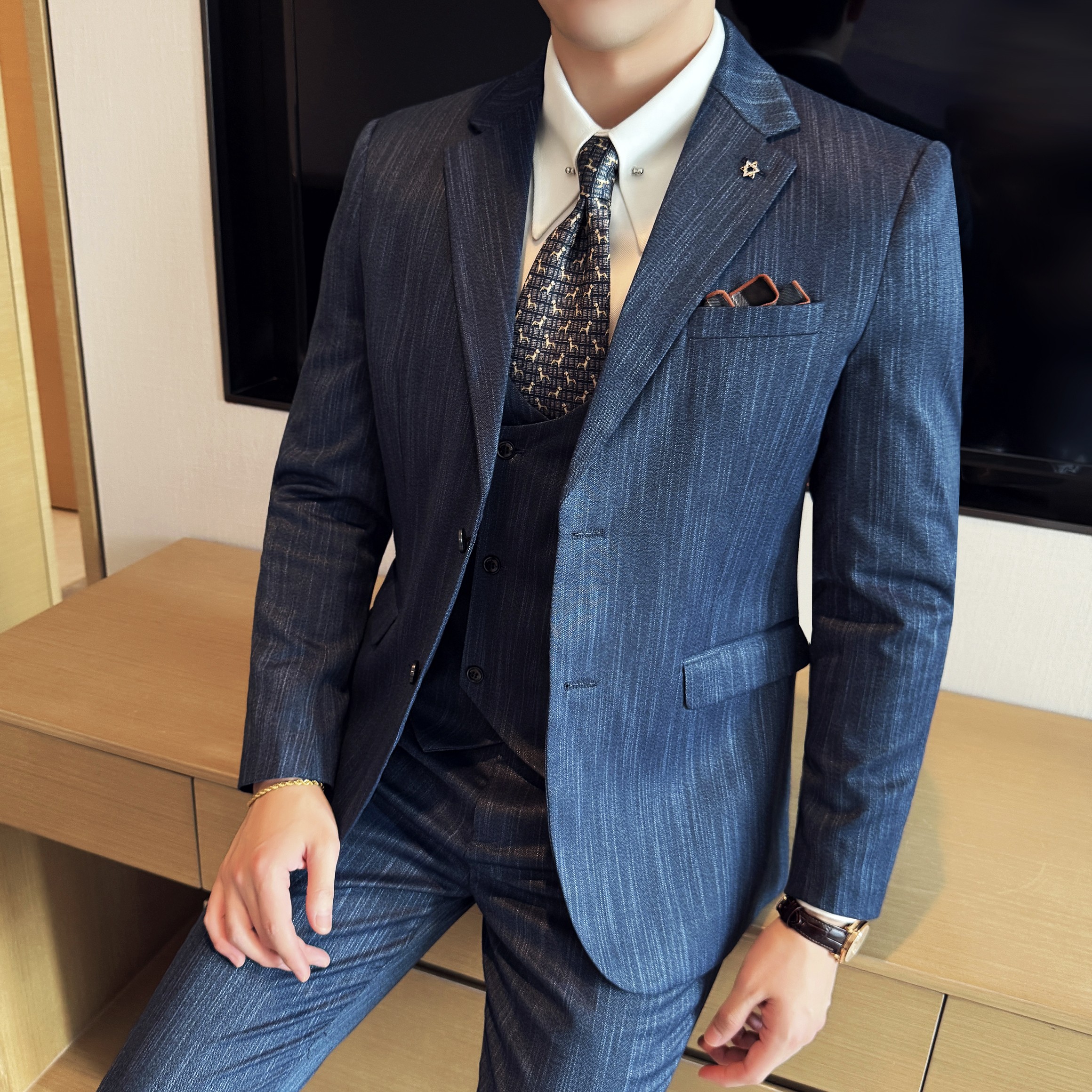 男士商务休闲西服流星雨条纹时尚潮流西装三件套2524-P280,男装西服套装,星座1606-1