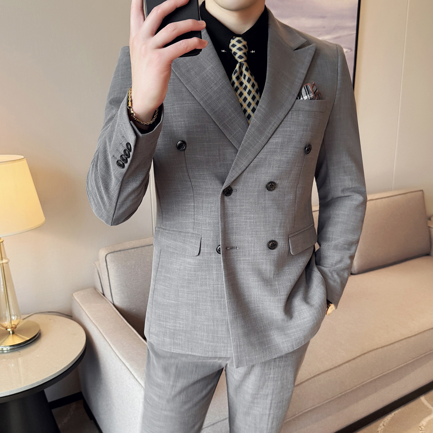 男士商务休闲西服韩版修身竹节纹双排扣西装套装2529-P285,男装西服套装,星座1606-1