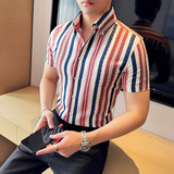 夏季新款韩版修身时尚彩色条纹衬衫短袖上衣男2812-P58，男装T恤，星座1606-1
