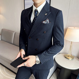 韩版修身商务西服双排扣条纹西装套装1820A-P275，男装西服套装，星座1606-1