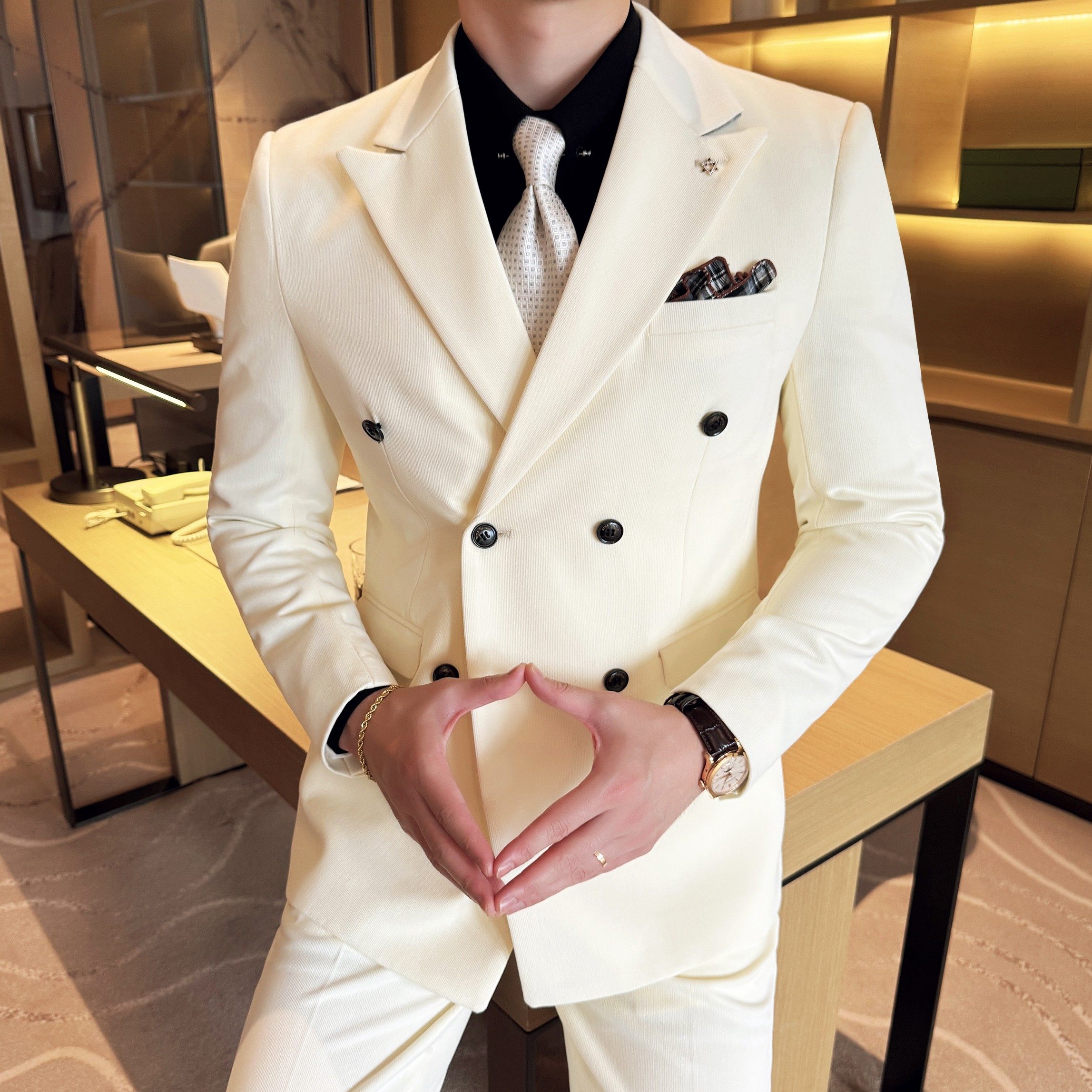 男士双排扣商务休闲西装韩版修身纯色暗纹西服三件套2513-P280，男装西服套装，星座1606-1