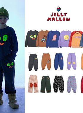 现货  jelly mallow 25aw 秋冬 儿童帅气复古印花卫衣卫裤萝卜裤