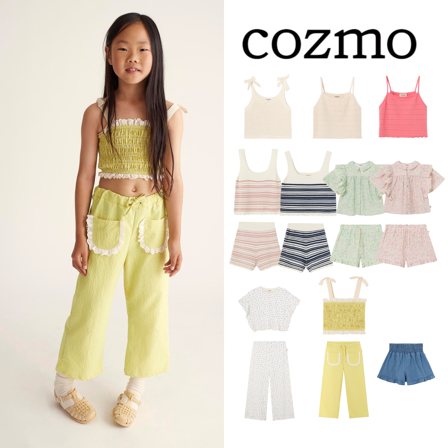 现货 西班牙 COZMO 25SS 春夏新款女童吊带花边衬衣长裤短裤