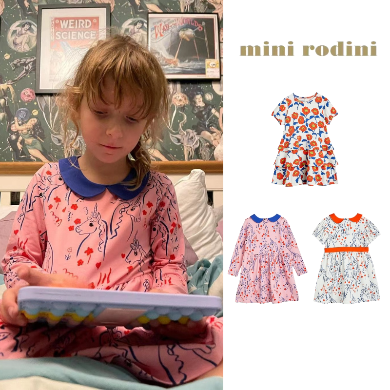 现货 瑞典mini rodini 23ss 女童甜美彼得潘领连衣裙花朵蛋糕裙子