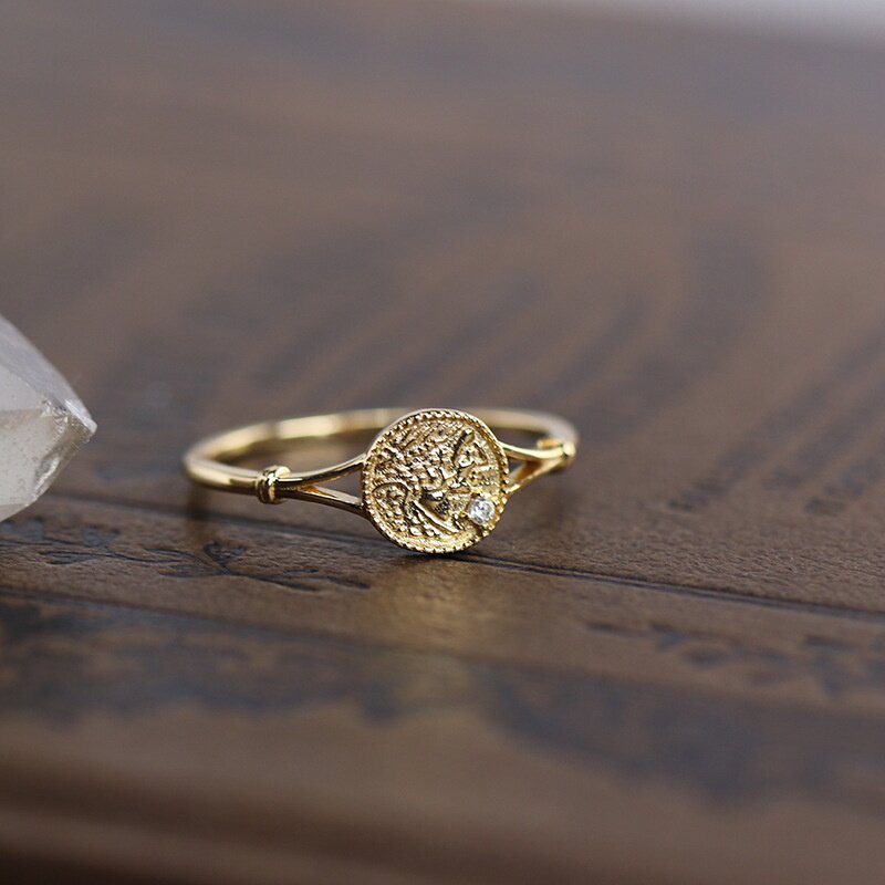 日系轻珠宝复古戒指女不规则罗马古典戒子 925银镀金指环浮雕金币