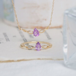交叉线条戒指新 925银镀金天然紫水晶锁骨链 简约个性 轻珠宝韩版