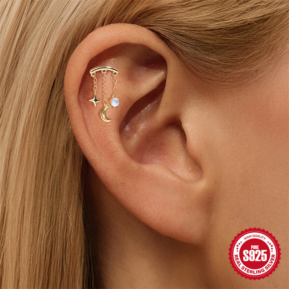 s925纯银流苏光面星星月亮镶月光宝石平头螺纹穿刺百搭银针耳钉