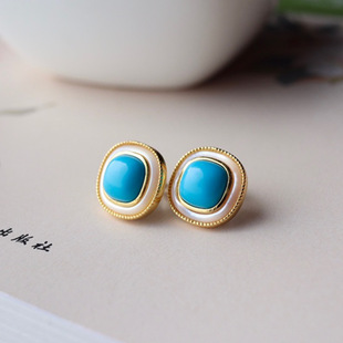 睡美人蓝松方形耳钉s925银镶嵌白贝母几何美国绿松石美松耳钉