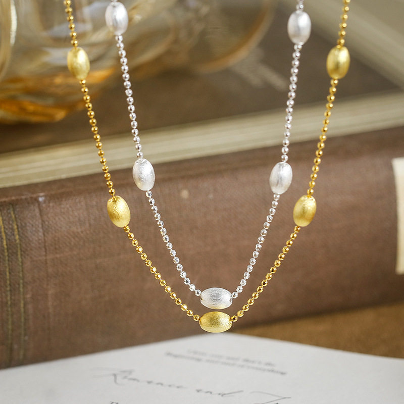 2026珠宝 S925纯银拉丝橄榄珠项链 轻奢简约新款长款毛衣链银饰女