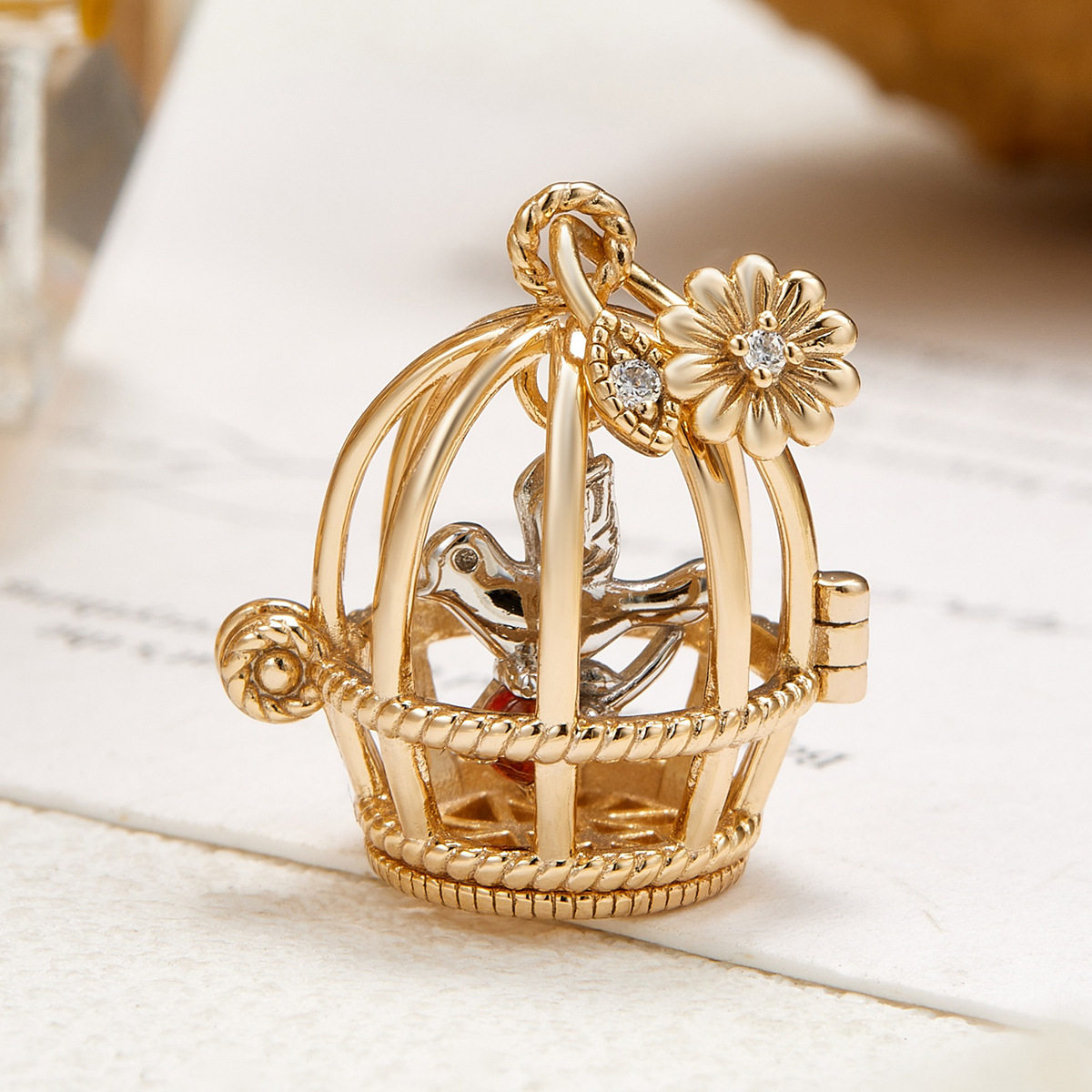 轻奢珠宝S925银红石榴复古分色可开合花鸟笼吊坠女小众文艺风首饰