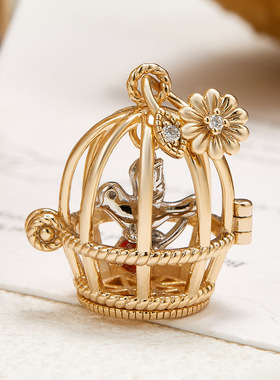 S925银红石榴花鸟笼可开合吊坠