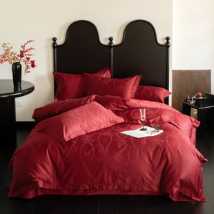 A类母婴级轻奢高级感大红色提花婚庆100支纯棉结婚床上用品四件套