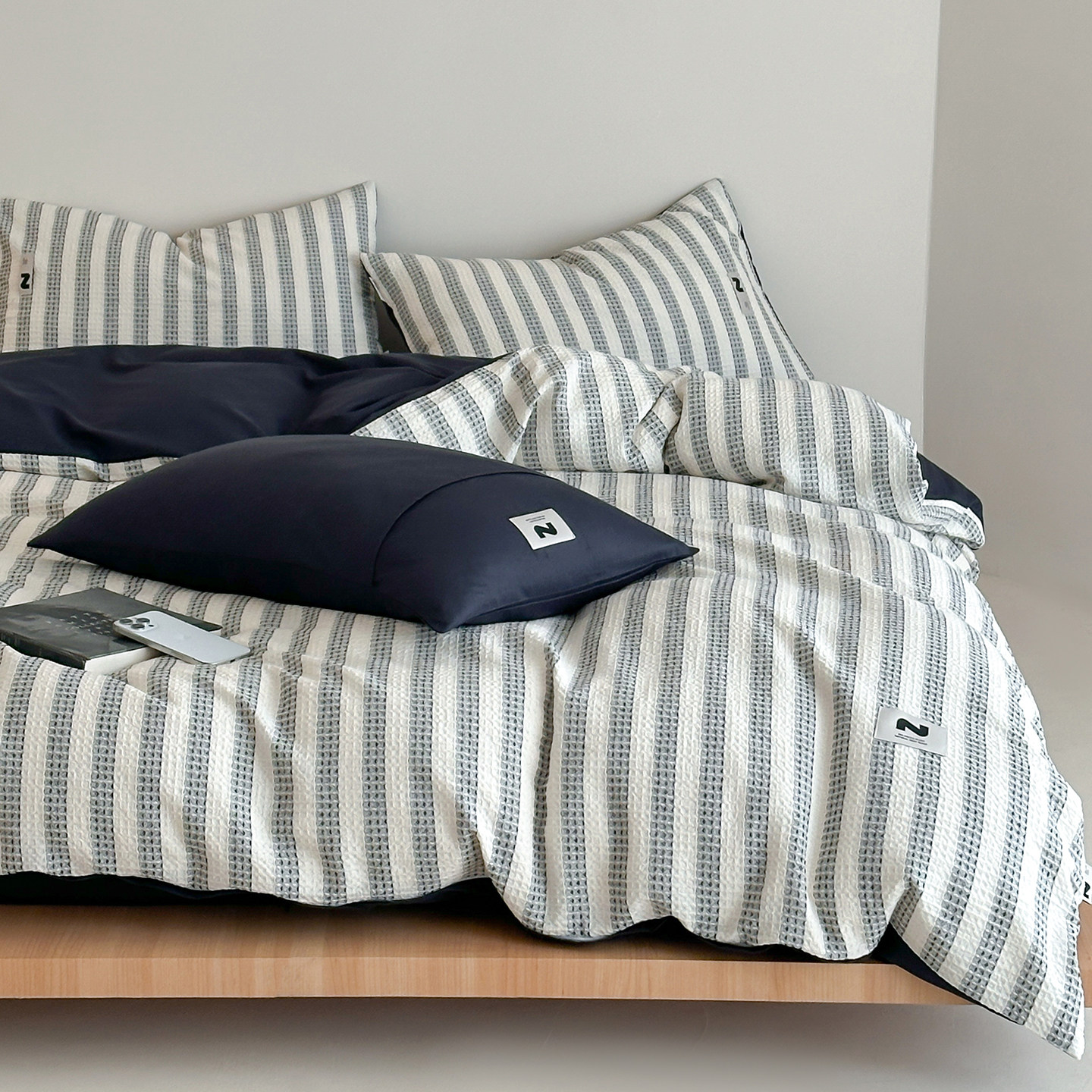 60支长绒棉复古条纹四件套全棉华夫格风床品套件提花简约床上用品,床上用品,床品套件/四件套/多件套,淘宝优惠券,粉丝福利购,淘宝优惠卷