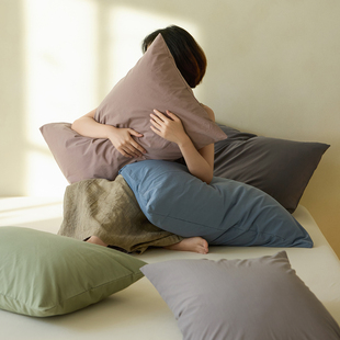 全棉高支旧感砂洗高级感长绒棉单枕套纯色一对装家用纯棉枕头套