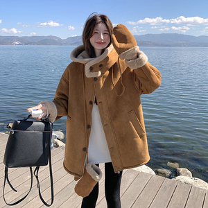 韩系皮毛一体羊羔毛连帽外套女冬季独特超好看小个子超火加绒棉服图片