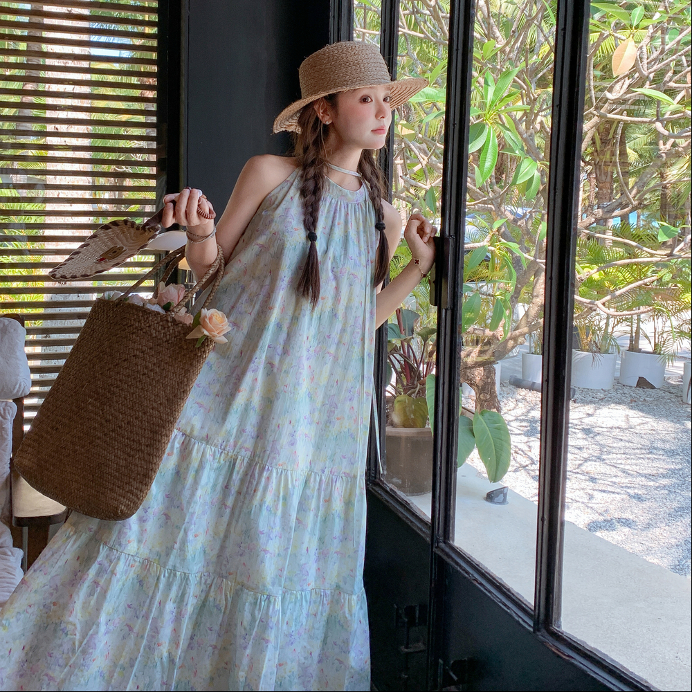 蓝色连衣裙女2025夏季新款法式海边度假气质蝴蝶结扎染吊带挂脖裙，商品下架区商品下架区，浙宝171