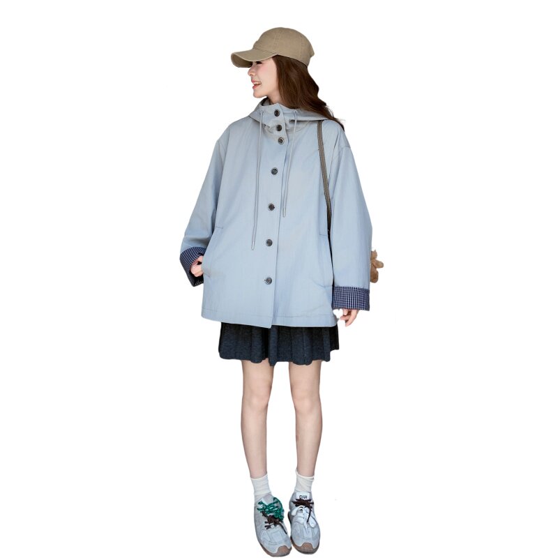 现货2026年秋装新款袖口格子蓝色带帽风衣XW748P165K248,女装短外套,浙宝171