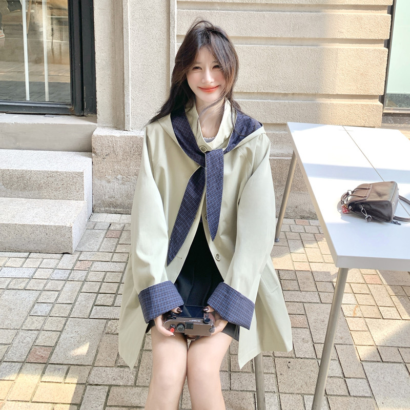 现货春装新款格纹拼接帽子可拆卸米杏色风衣XW751P165K248,女装短外套,浙宝171
