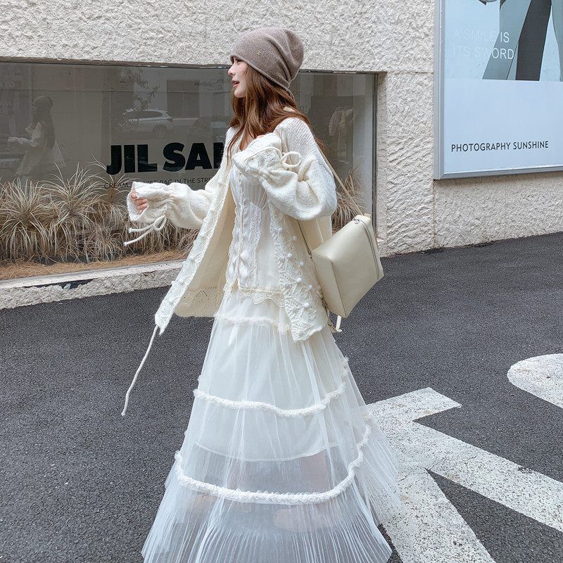 温柔风针织毛衣半身裙两件套女秋2025新款韩版高级感气质显瘦套装,女装短外套,浙宝171