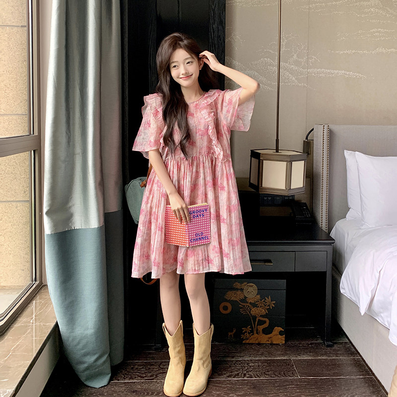 现货2026年夏装新款粉色印花连衣裙XW6987P115K178,女装连衣裙,浙宝171
