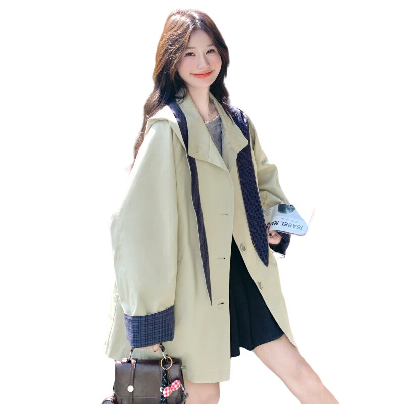 现货春装新款格纹拼接帽子可拆卸米杏色风衣XW751P165K248,女装短外套,浙宝171
