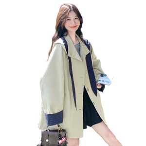 现货 春装新款格纹拼接帽子可拆卸米杏色风衣 XW751 P165 K248图片