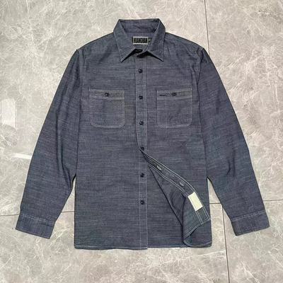 美式复古欧美双R男装长袖丹宁DENIM牛仔衬衫水洗做旧衬衣