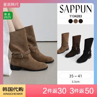 SAPPUN 新款秋冬百搭休闲气质靴子金属扣系带中筒靴 星辰韩国代购