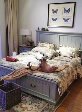 秋林木语美式乡村实木床地中海风格家具抽屉式收纳床主卧灰色大床