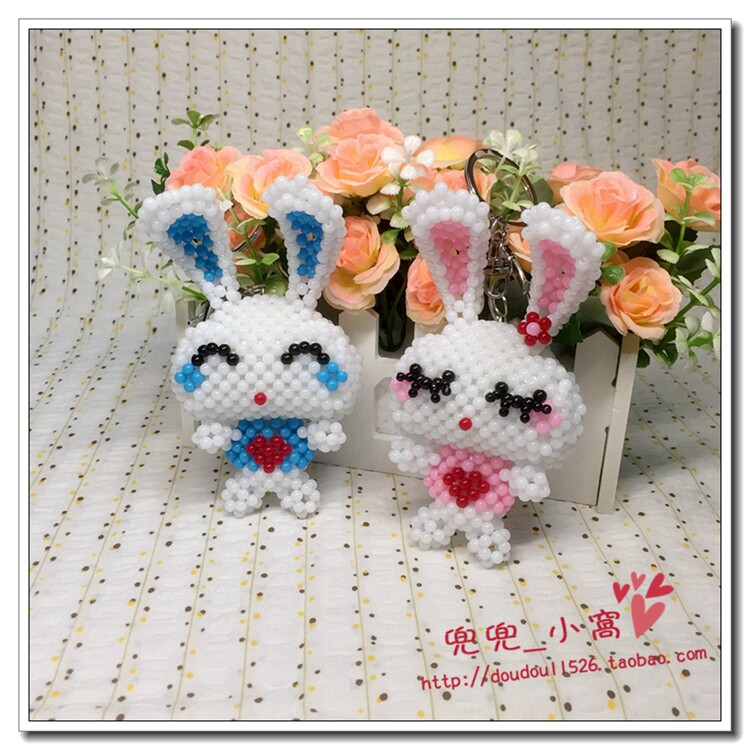 纯手工串珠成品*萌兔玩偶大头眯眼兔长耳兔钥匙扣情侣包包挂件