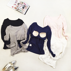带文胸胸罩棉长袖黑色T恤女 内衣一体bra无钢圈胸垫打底衫春季