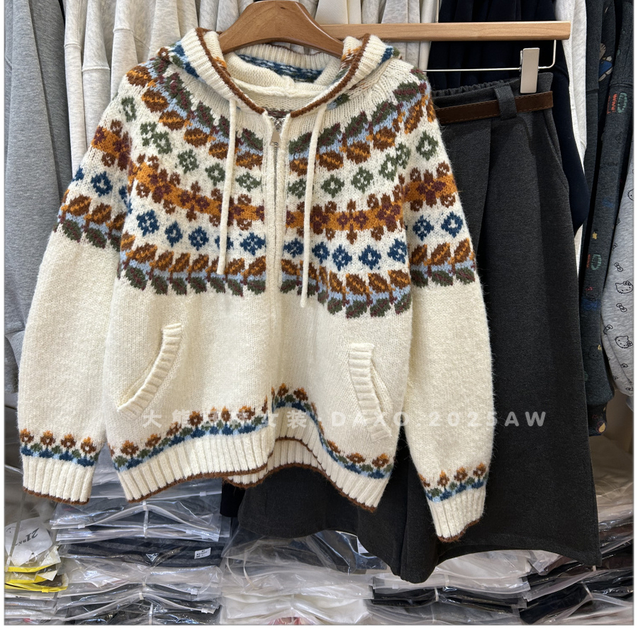 复古费尔岛提花连帽针织毛衣外套