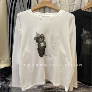 韩国东大门2025秋冬新款磨毛圆领长袖T恤卡通小熊印花宽松打底女t