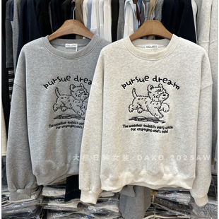 韩国东大门2025秋冬加绒新款 圆领卫衣卡通字母小狗刺绣宽松可爱女