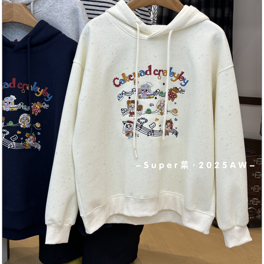 2025早秋新款彩点帽衫小众可爱卡通字母刺绣设计感连帽套头卫衣女